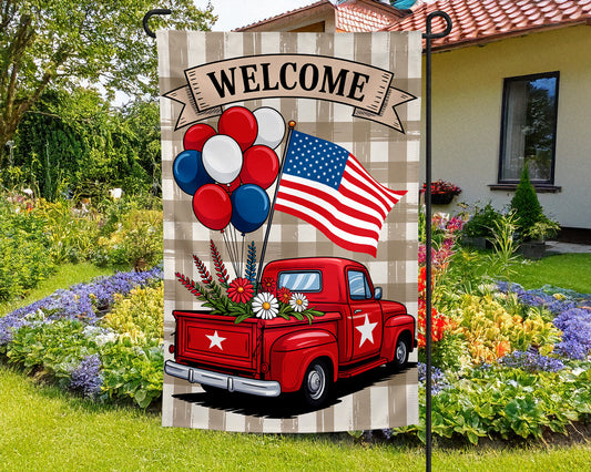 4th of July Patriotic Vintage Truck Garden Flag