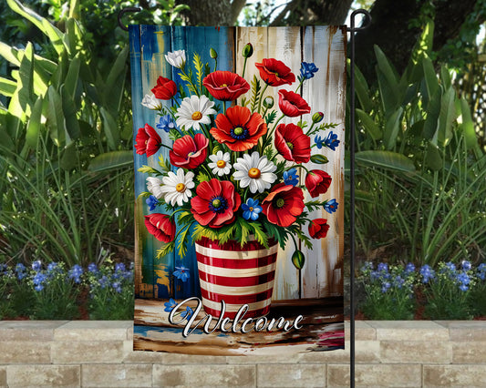 4th of July Patriotic Welcome Flowers Garden Flag