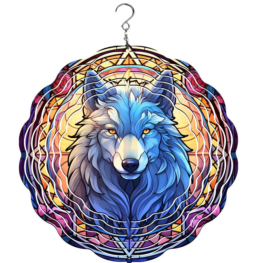 Stained glass wolf wind spinner