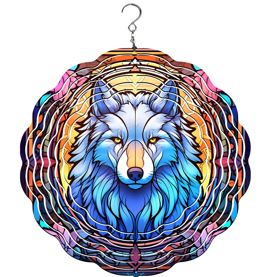 Stained glass wolf wind spinner