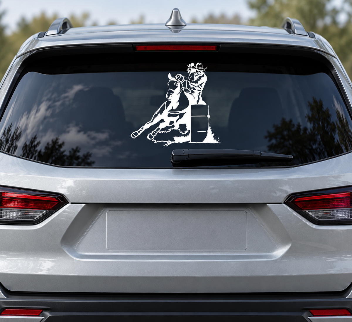 Barrel Racer vinyl decal on silver SUV rear window
