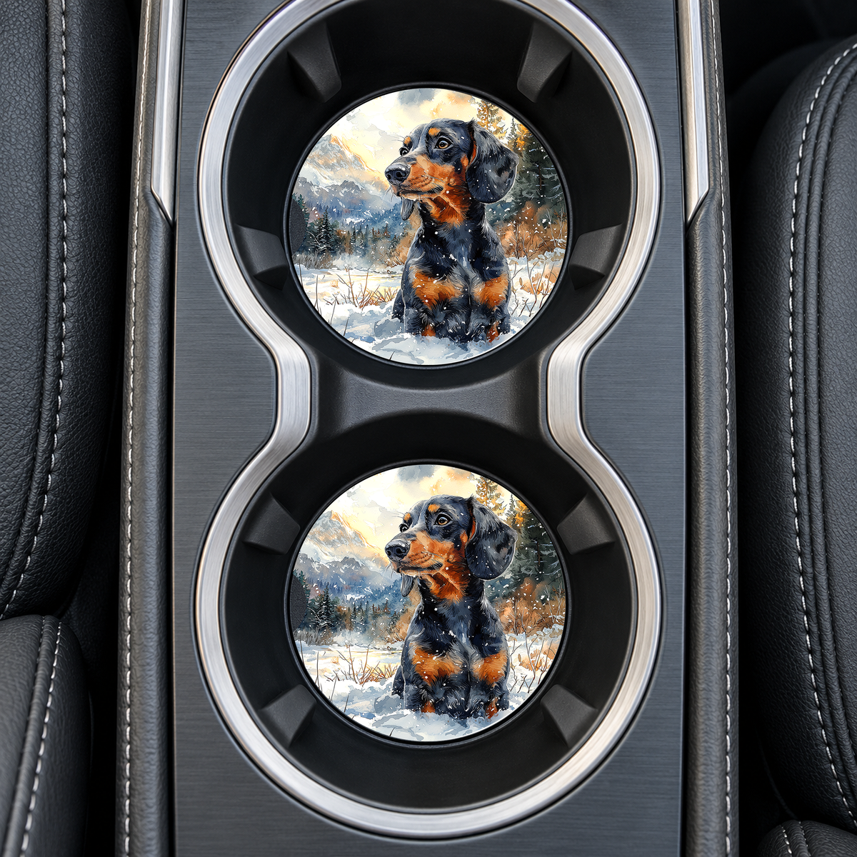 Black Dachshund Snowy Mountain Sandstone Car Coasters β Set of 2