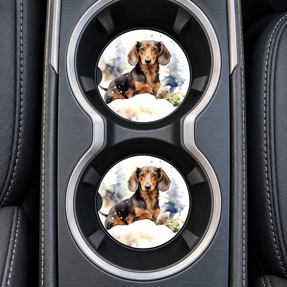 Brown Dachshund Snowy Forest sandstone car coasters, installed in car cup holders