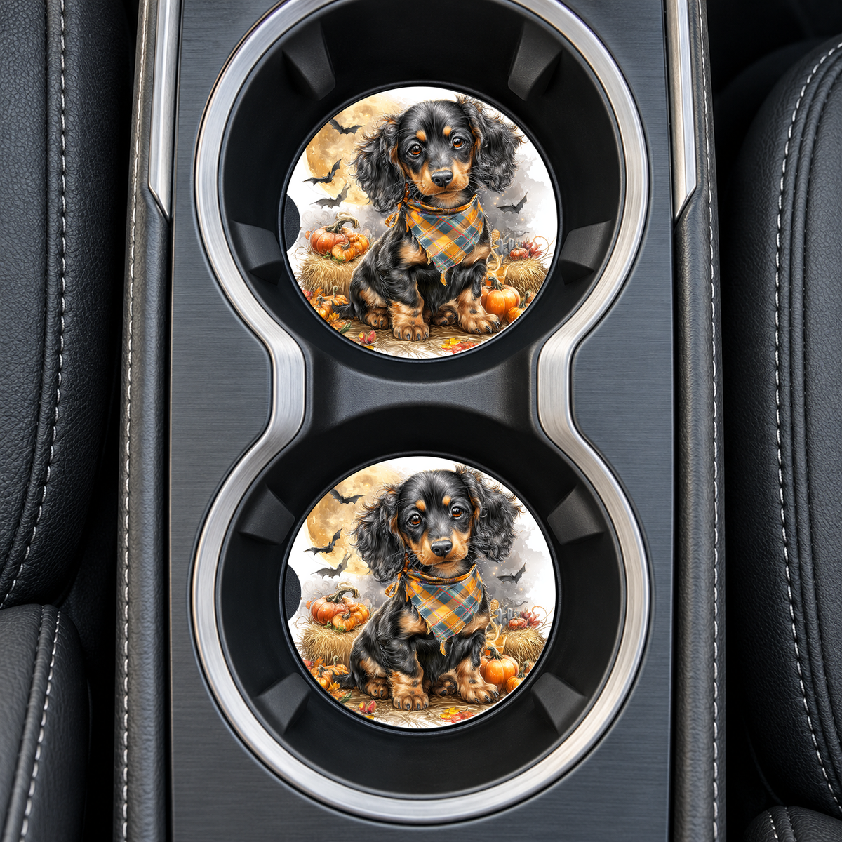 Long-Haired Dachshund Halloween Bats sandstone car coasters, installed in car cup holders