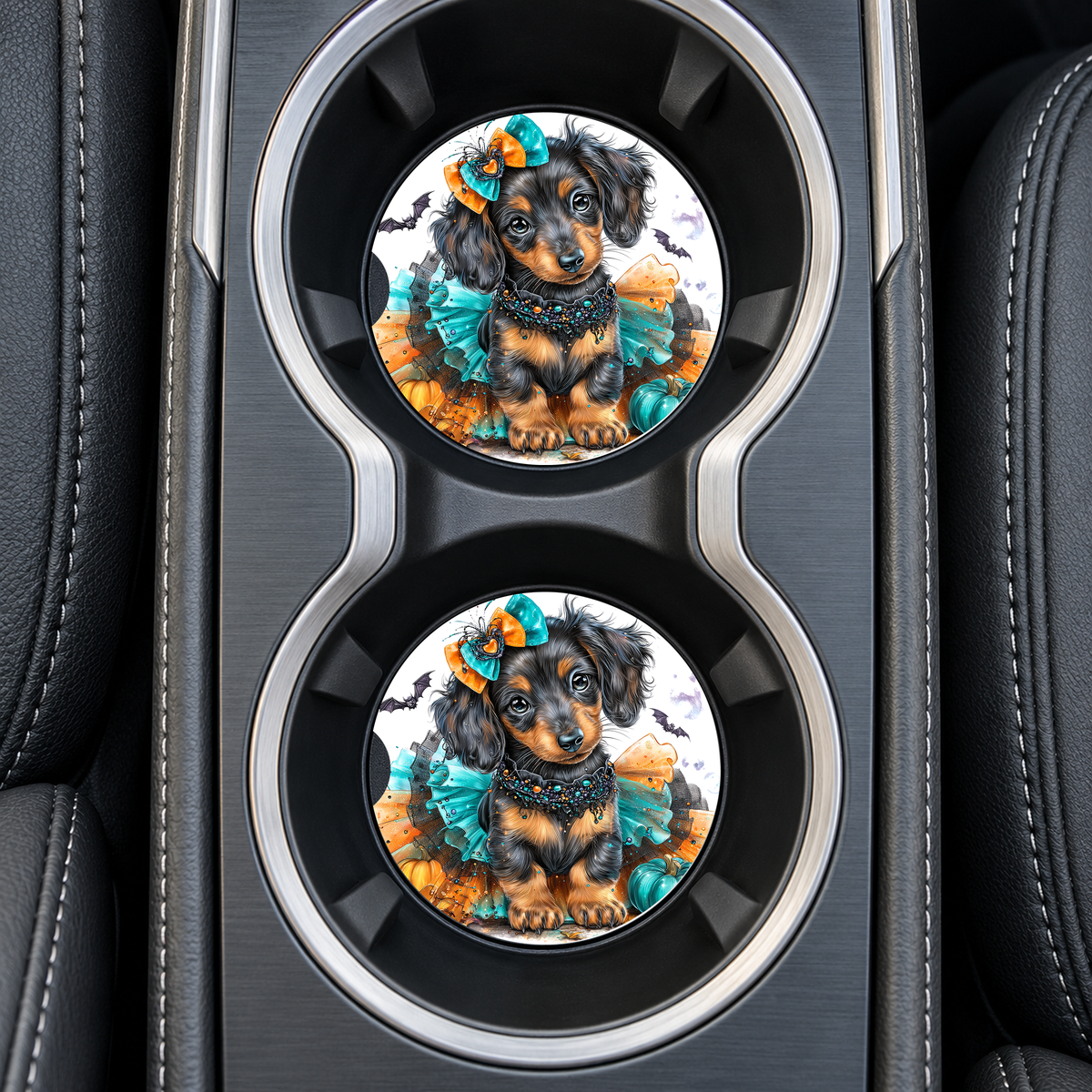 Dachshund Puppy Halloween Tutu coasters installed in car cup holders