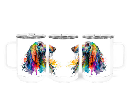 Afghan Hound Watercolor Art Double-Wall Vacuum Insulated Stainless Steel Tumbler, Rainbow Colors, 15 oz Travel Coffee Mug, Traci's Fun Creations