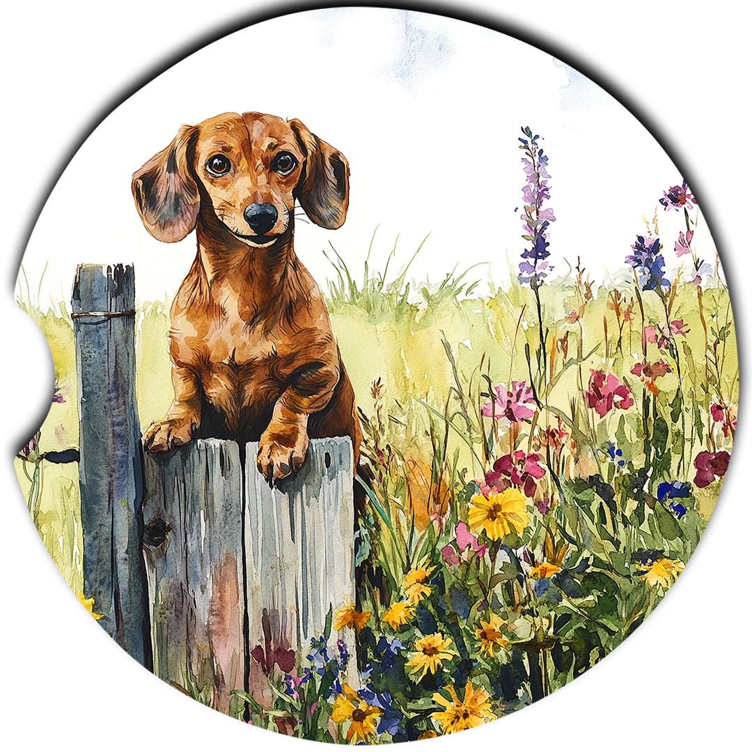 Brown Dachshund Rustic Fence sandstone car coasters, single coaster design