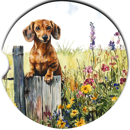 Brown Dachshund Rustic Fence sandstone car coasters, single coaster design