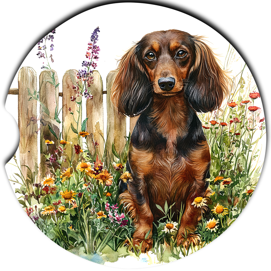 Brown Dachshund Flower Garden sandstone car coasters, single coaster design