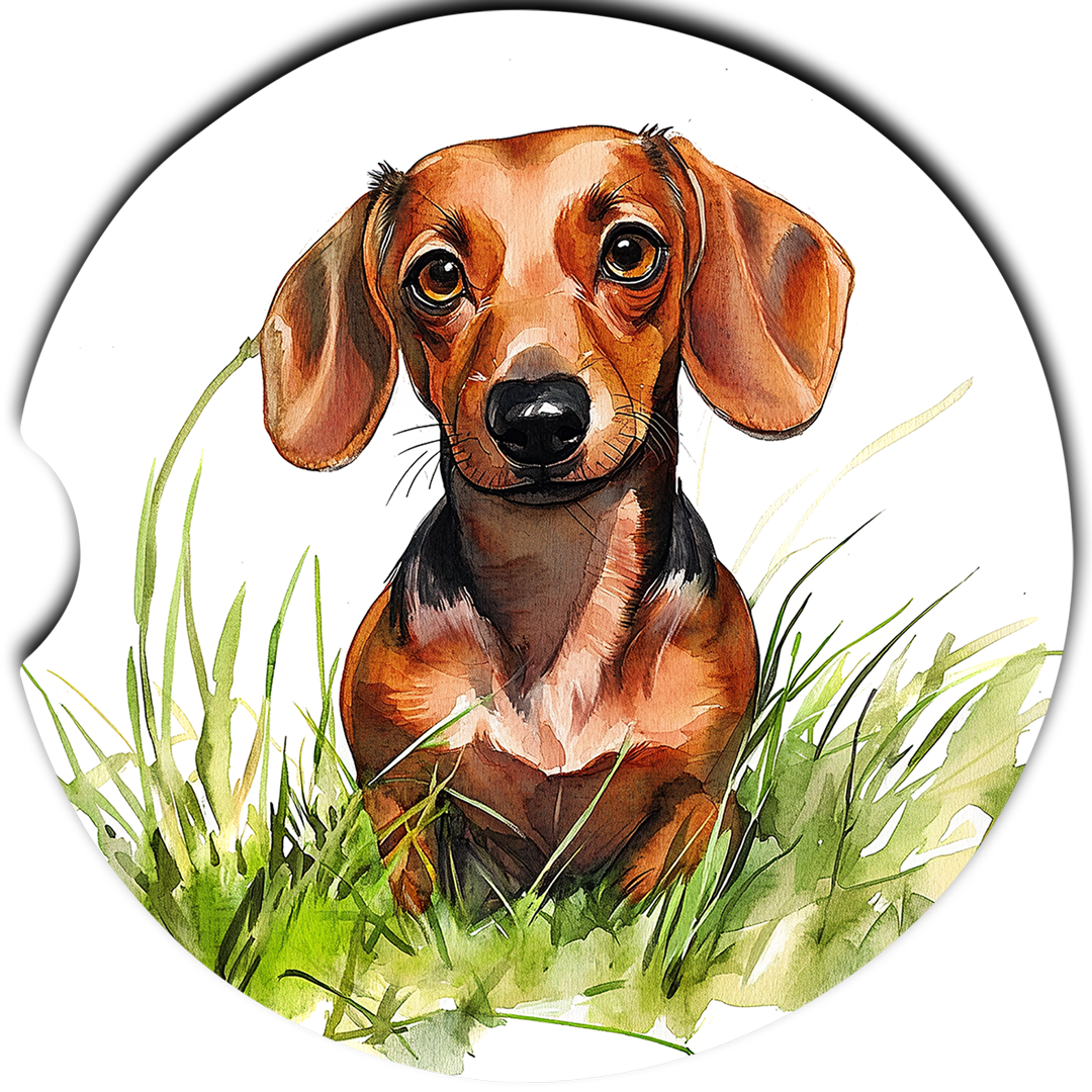 Brown Dachshund in Grass sandstone car coasters, single coaster design