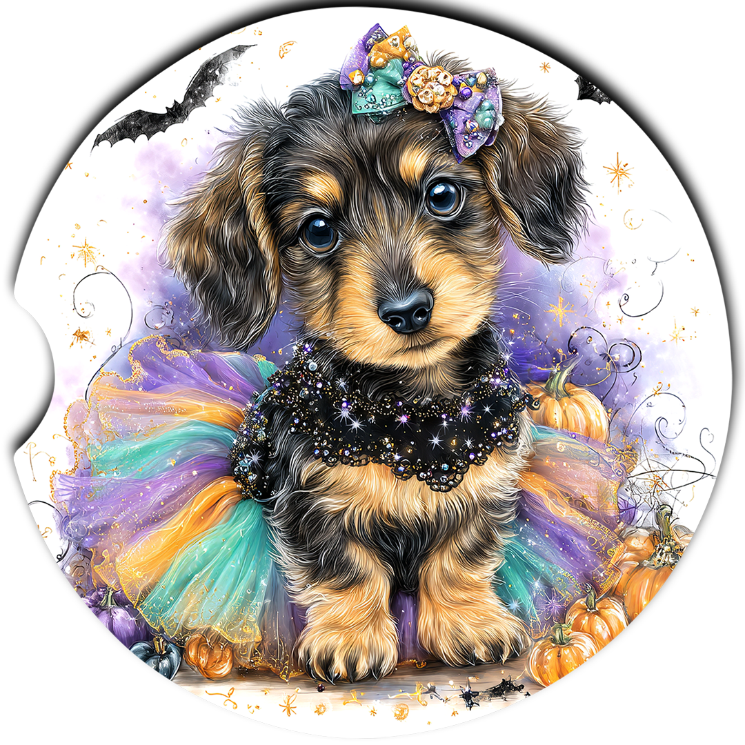 Dachshund Puppy Halloween Bats single coaster design