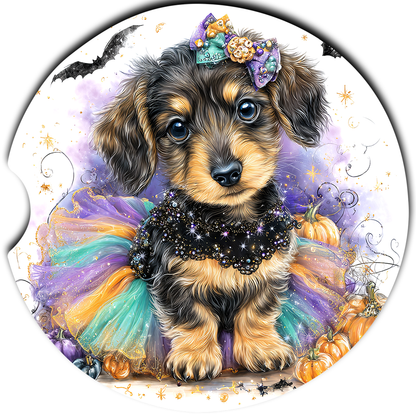 Dachshund Puppy Halloween Bats single coaster design