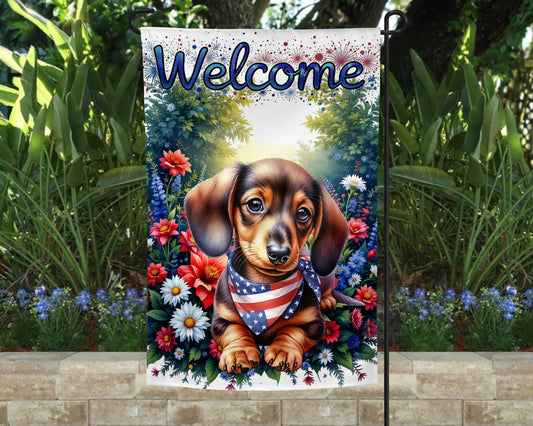Dachshund Patriotic Welcome Garden Flag
