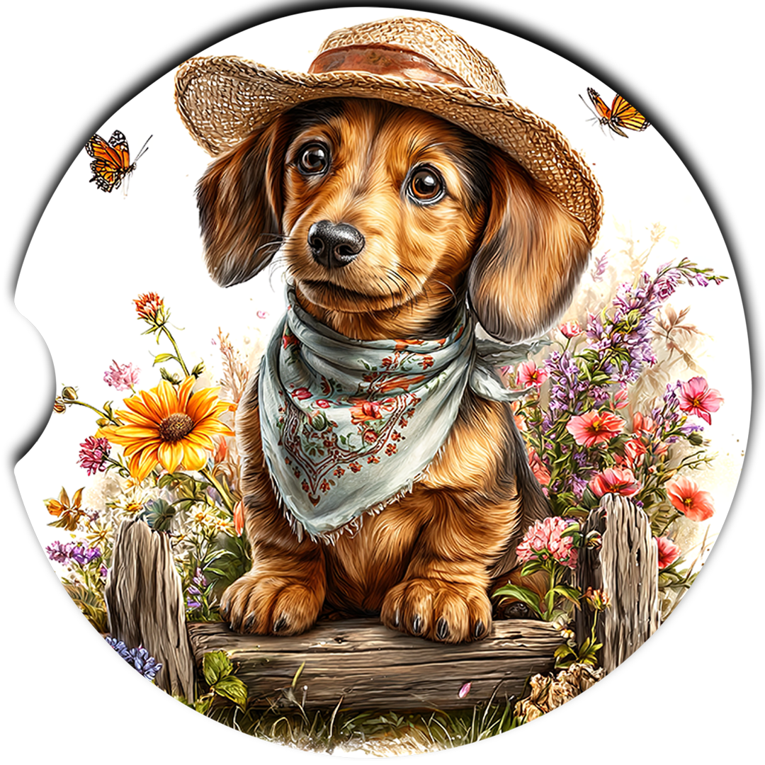 Brown Dachshund Cowboy Hat sandstone car coasters, single coaster design