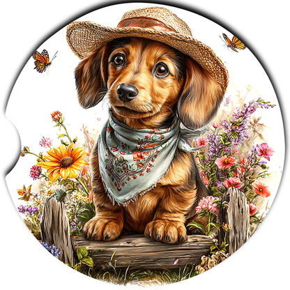 Brown Dachshund Cowboy Hat sandstone car coasters, single coaster design