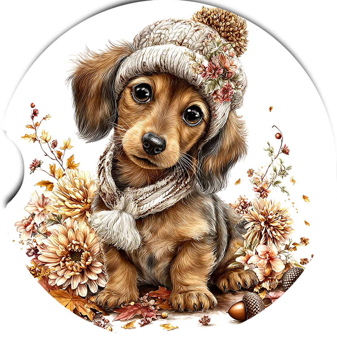 Brown Dachshund Cozy Scarf sandstone car coasters, single coaster design