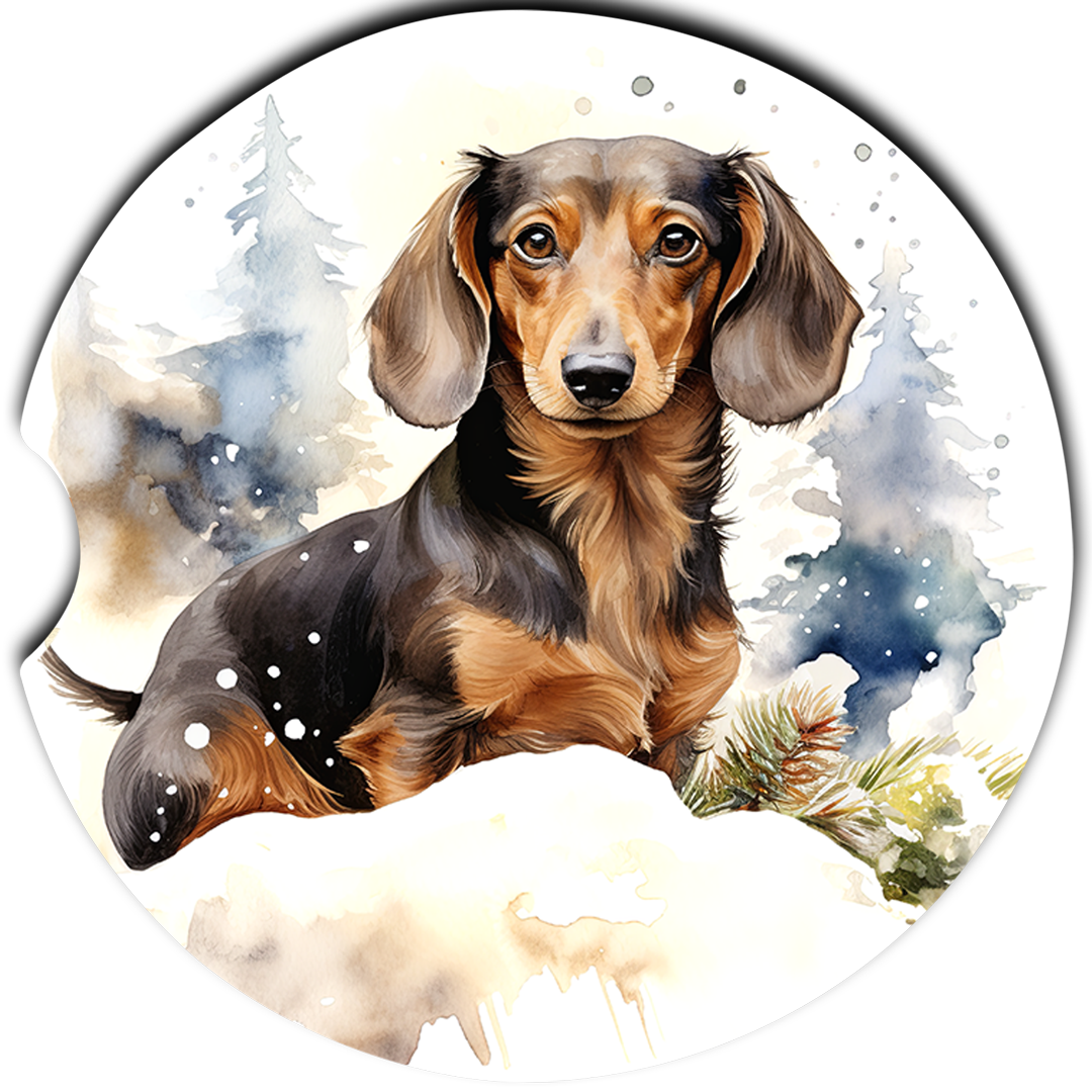 Brown Dachshund Snowy Forest sandstone car coasters, single coaster design