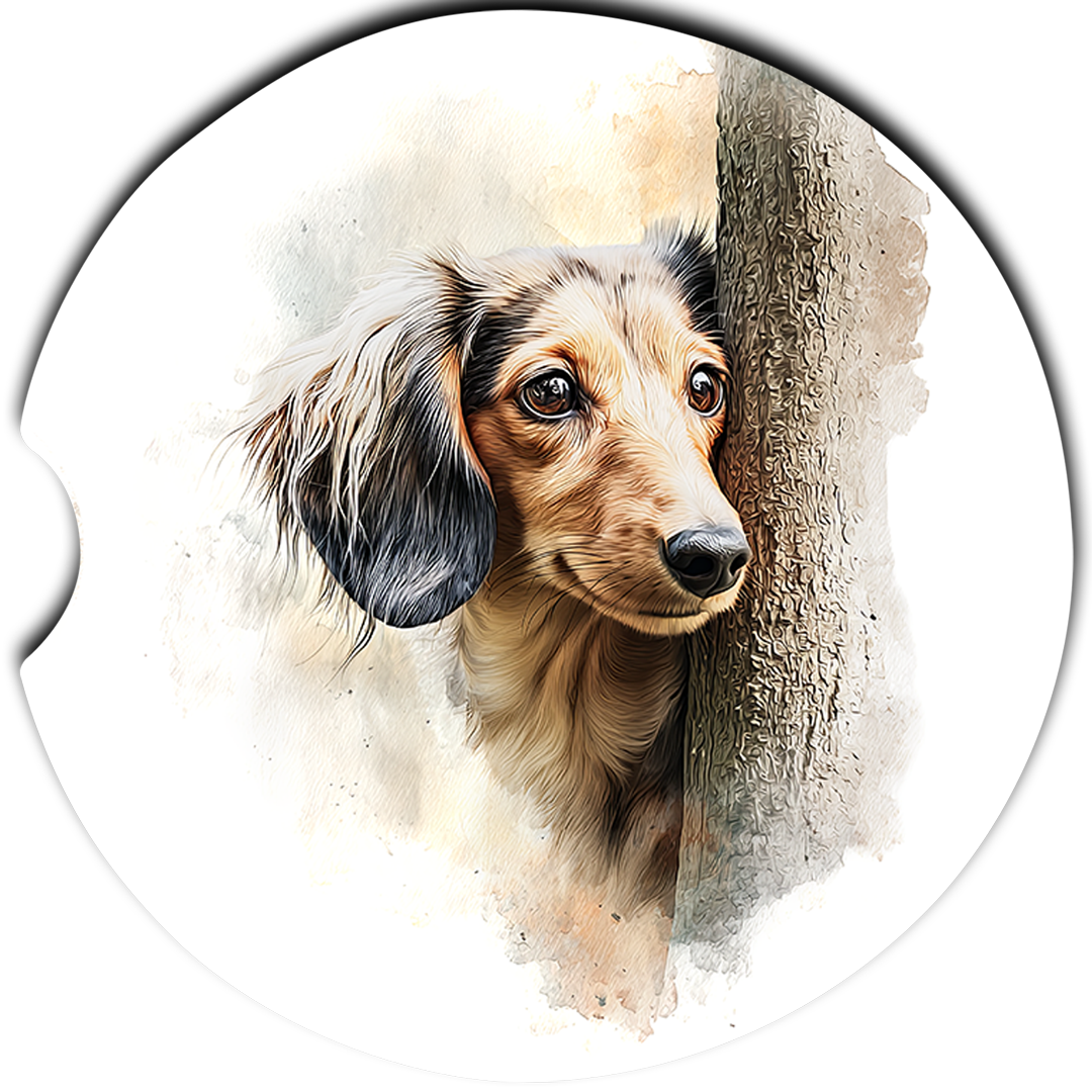 Brown Dachshund Peeking Around Tree sandstone car coasters, single coaster design
