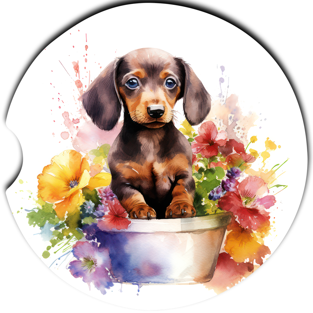 Dachshund Puppy Flower Pot sandstone car coasters, single coaster design