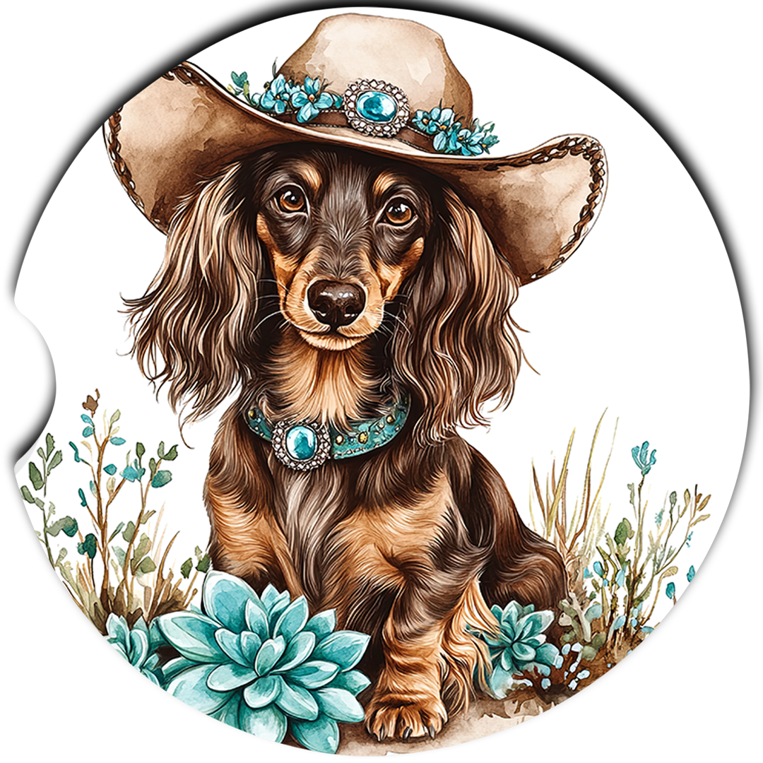 Long-Haired Dachshund Cowboy Hat sandstone car coasters, single coaster design