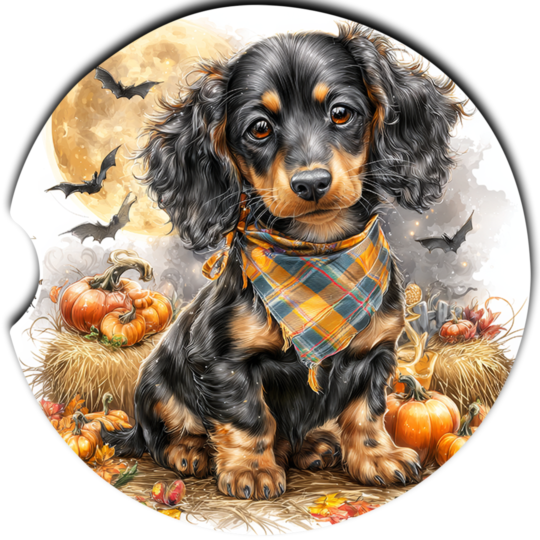 Long-Haired Dachshund Halloween Bats sandstone car coasters, single coaster design