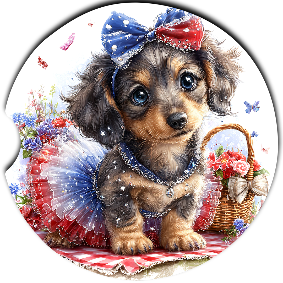 Patriotic Dachshund Puppy sandstone car coasters, single coaster design