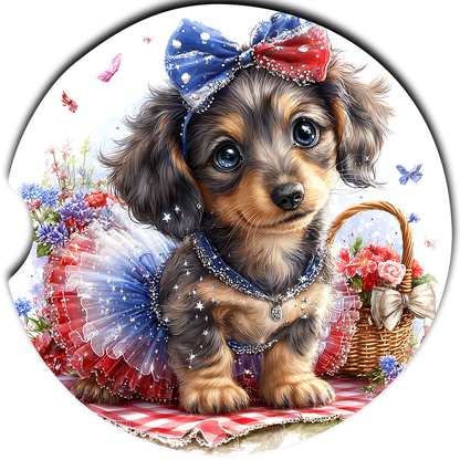 Patriotic Dachshund Puppy sandstone car coasters, single coaster design