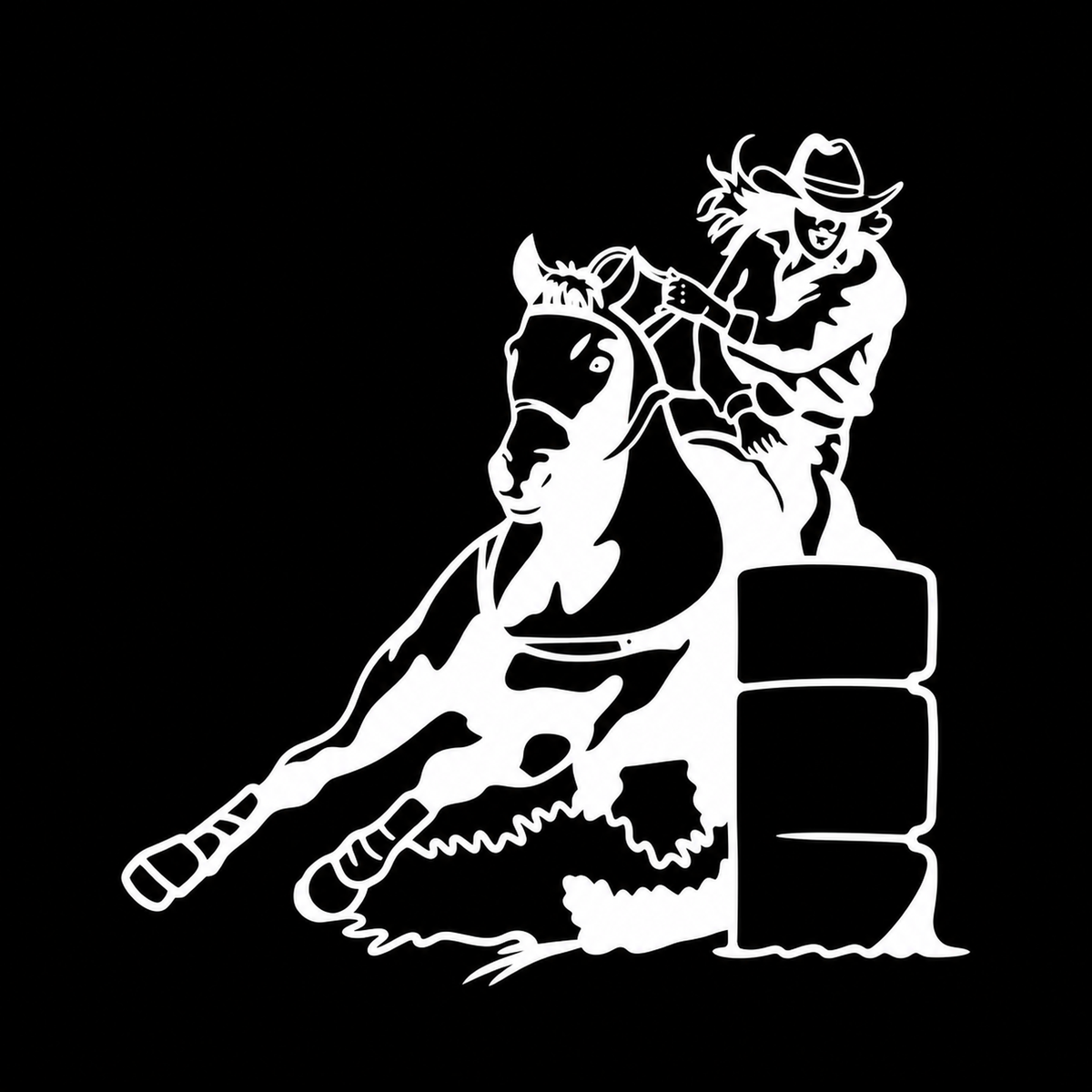 Barrel Racer cowboy and horse white vinyl decal on black background