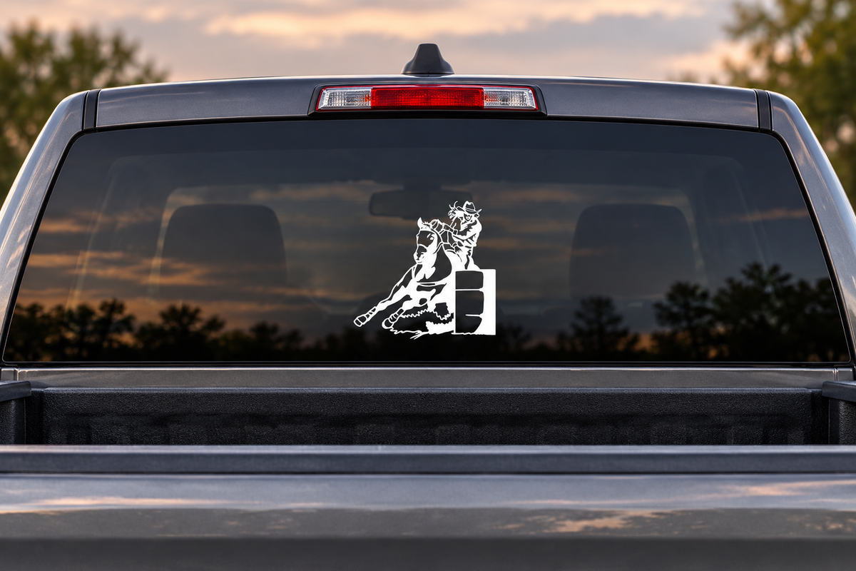 Barrel Racer vinyl decal on gray pickup rear window
