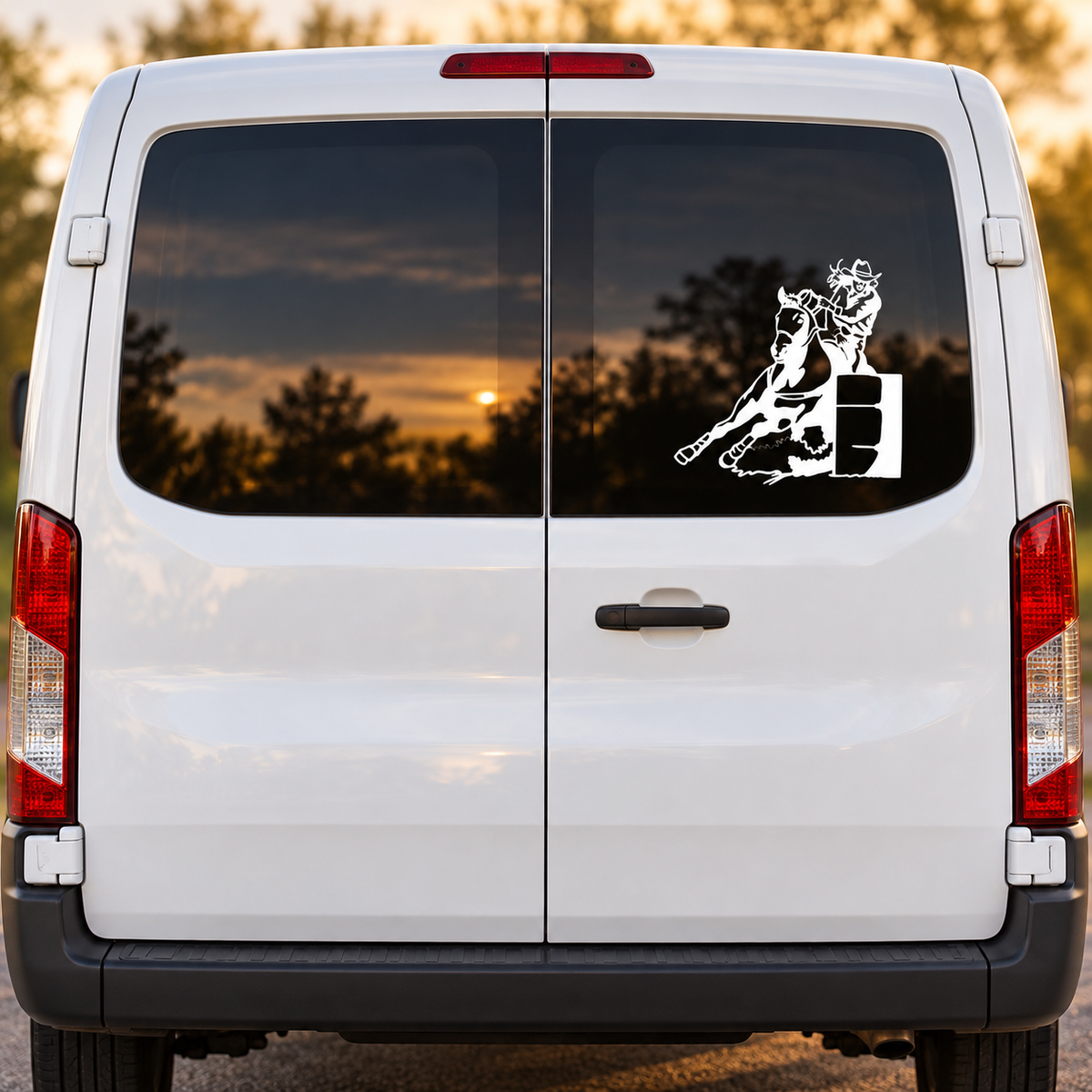Barrel Racer vinyl decal on white van rear window