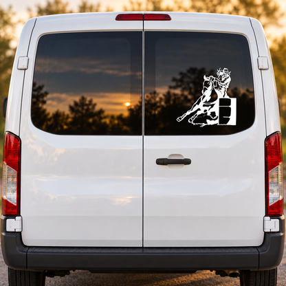 Barrel Racer vinyl decal on white van rear window