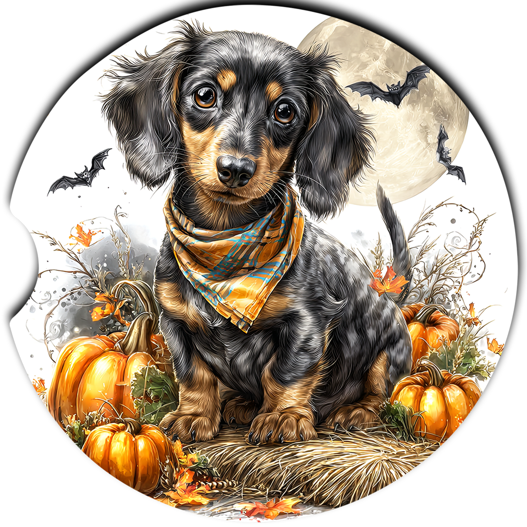 Black Dachshund Halloween bandana sandstone car coaster design