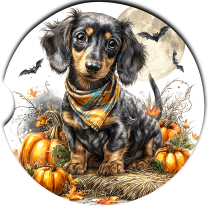 Black Dachshund Halloween bandana sandstone car coaster design
