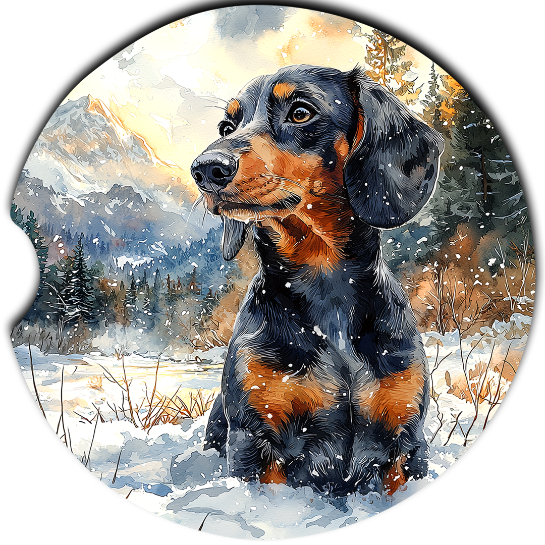 Black Dachshund sitting in snow sandstone car coaster design