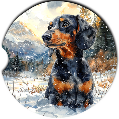 Black Dachshund sitting in snow sandstone car coaster design