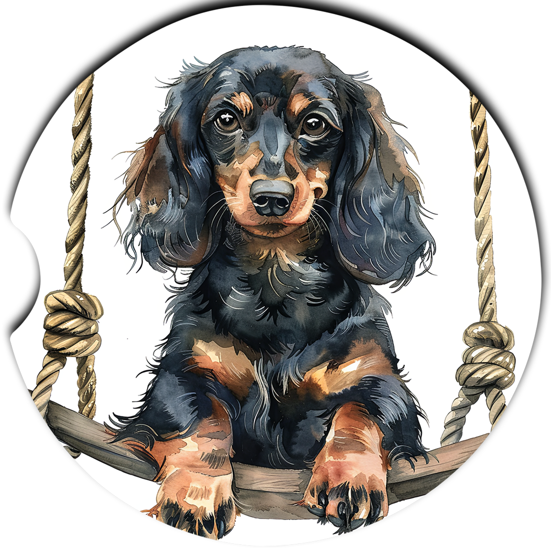 Black Dachshund on swing sandstone car coaster design