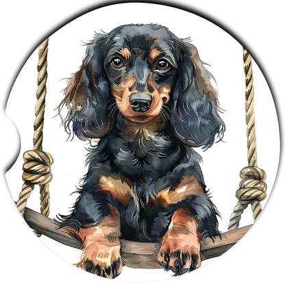 Black Dachshund on swing sandstone car coaster design