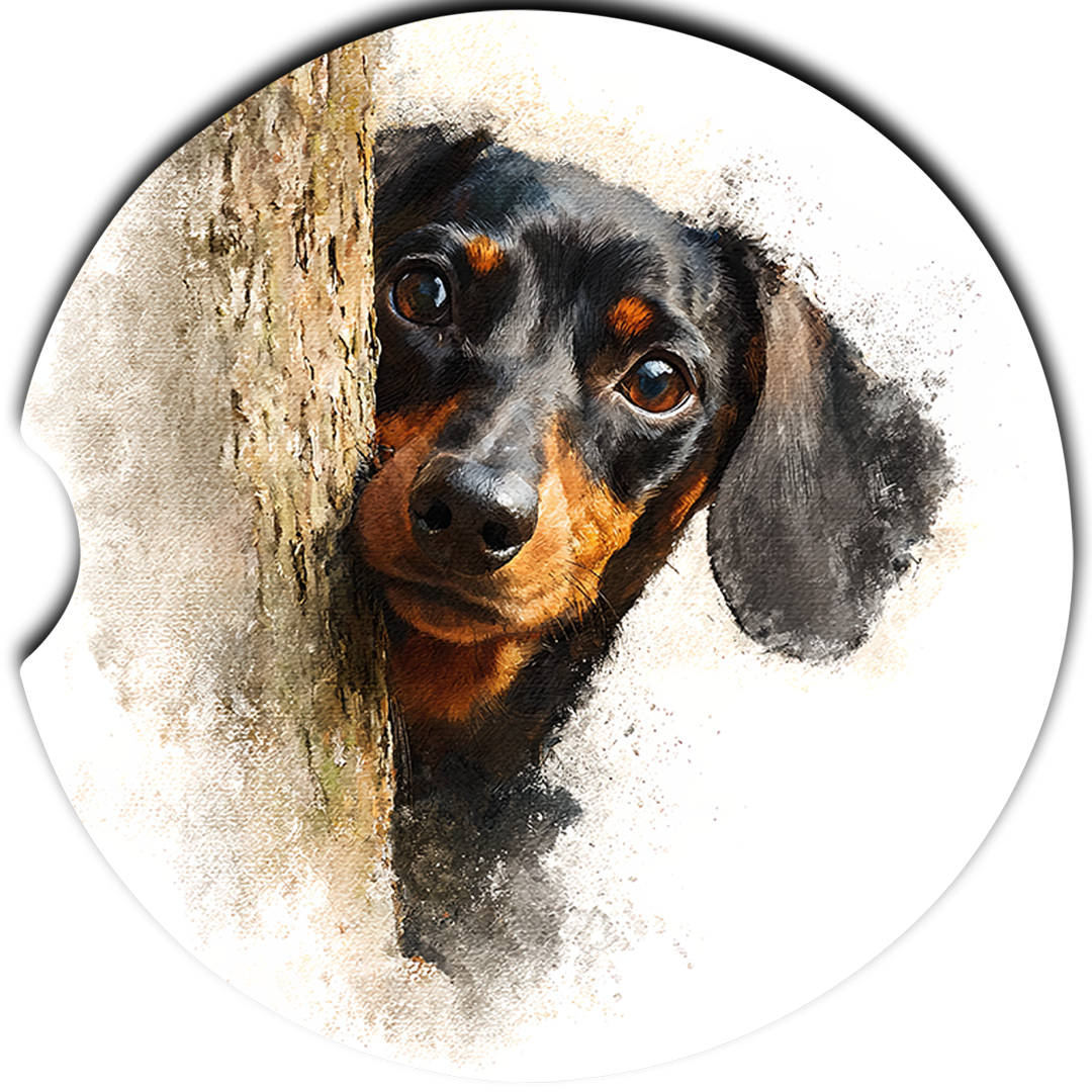 Black Dachshund peeking from tree sandstone car coaster design