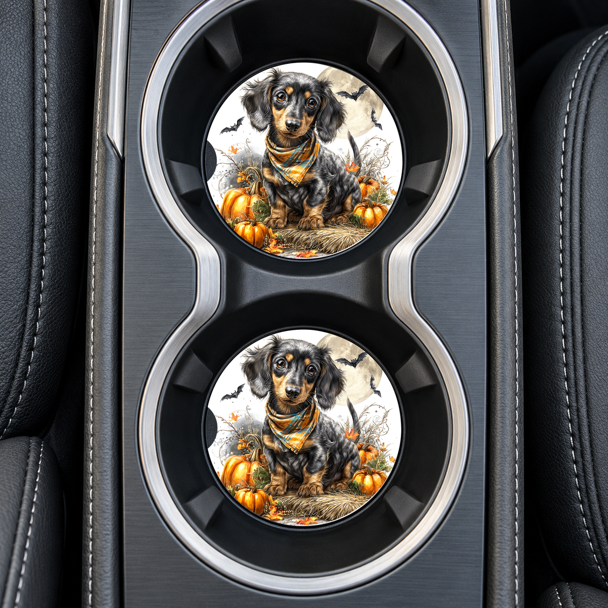 Black Dachshund Halloween Bandana Sandstone Car Coasters – Set of 2