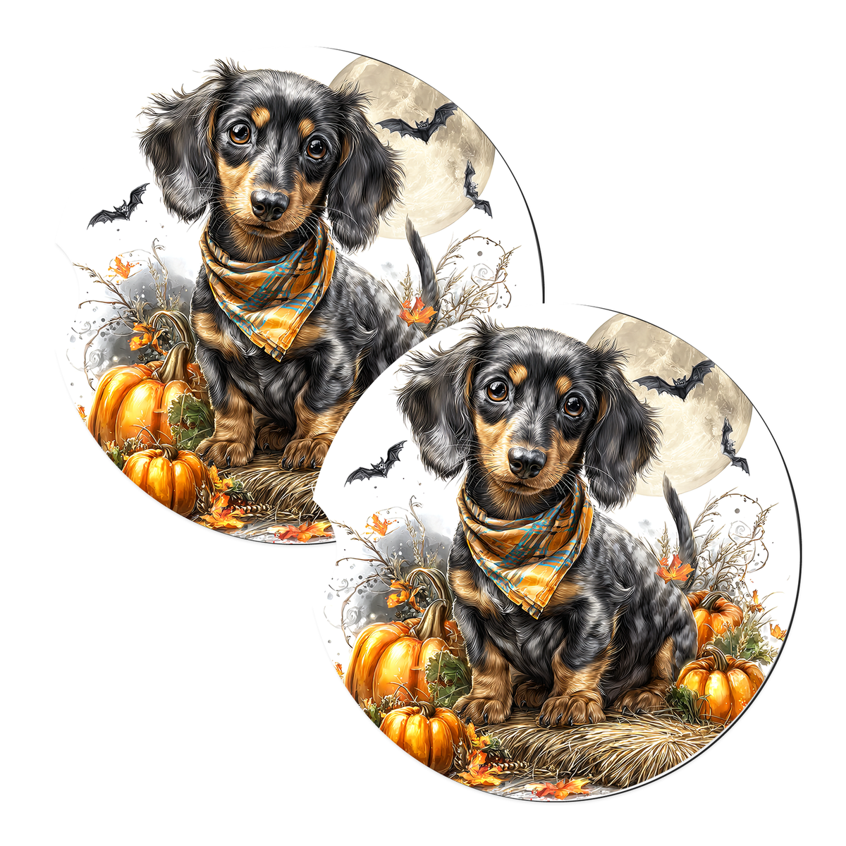 Black Dachshund Halloween Bandana Sandstone Car Coasters – Set of 2