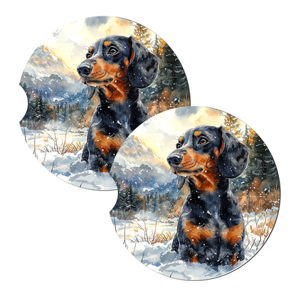 Black Dachshund Snowy Mountain Sandstone Car Coasters – Set of 2