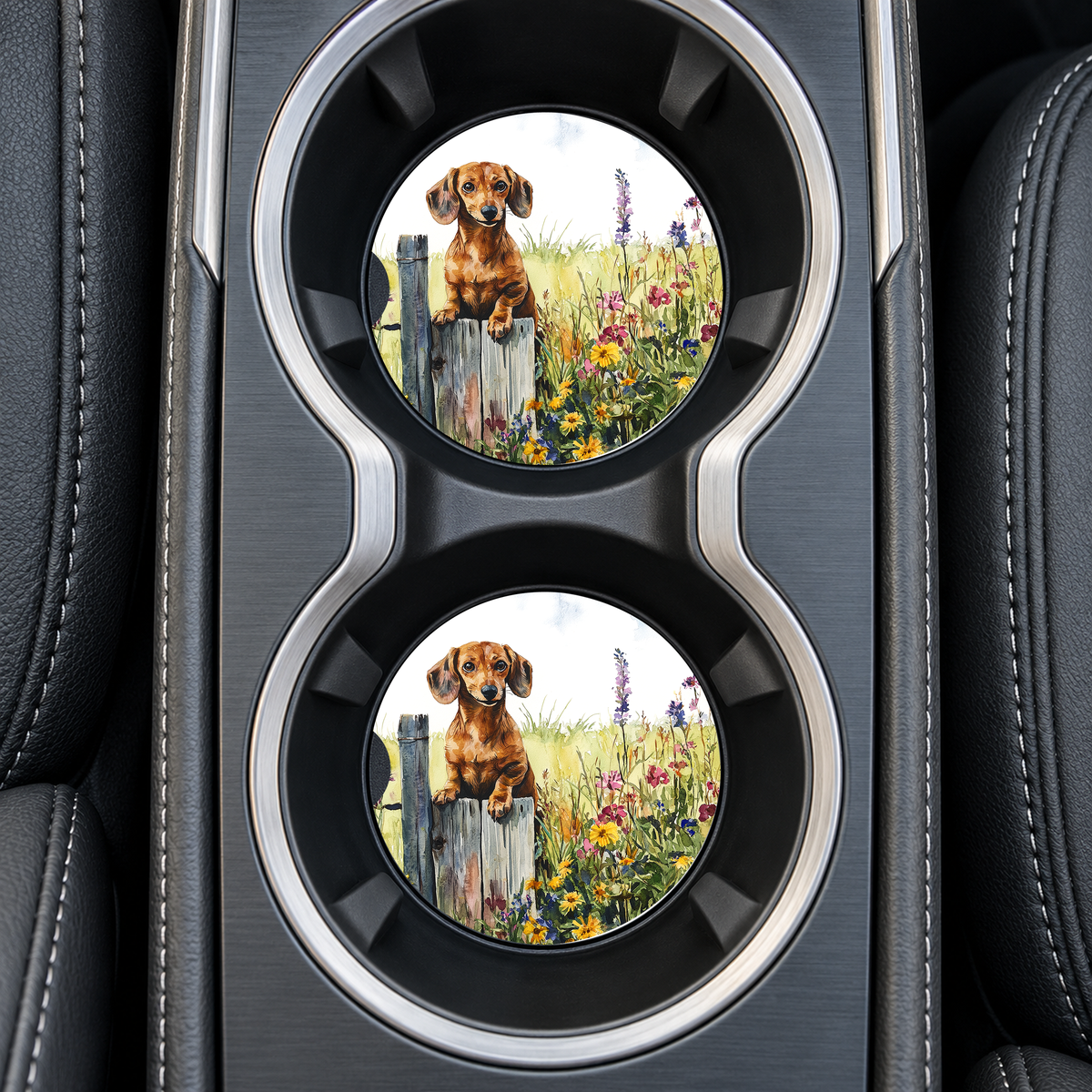 Brown Dachshund Rustic Fence sandstone car coasters, installed in car cup holders