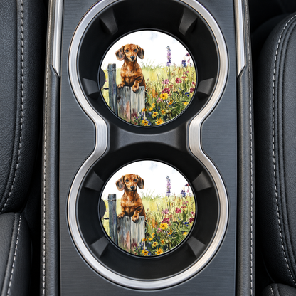 Brown Dachshund Rustic Fence sandstone car coasters, installed in car cup holders
