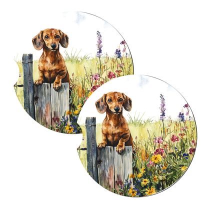 Brown Dachshund Rustic Fence sandstone car coasters, matching pair