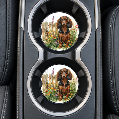 Brown Dachshund Flower Garden sandstone car coasters, installed in car cup holders