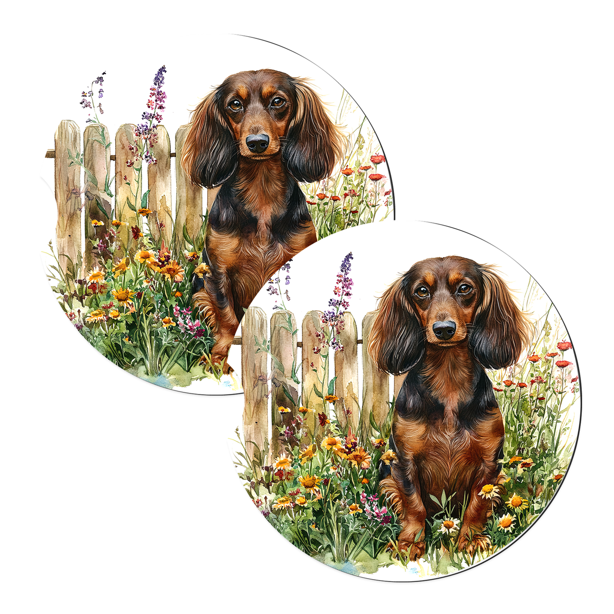 Brown Dachshund Flower Garden sandstone car coasters, matching pair
