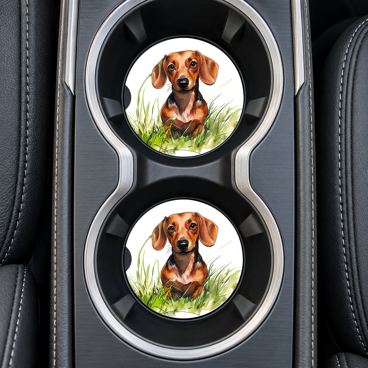 Brown Dachshund in Grass sandstone car coasters, installed in car cup holders