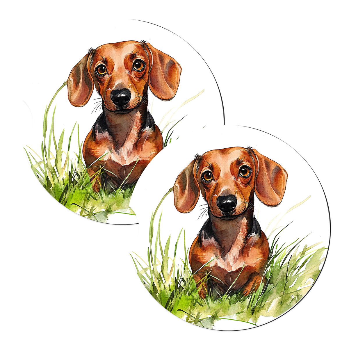 Brown Dachshund in Grass sandstone car coasters, matching pair