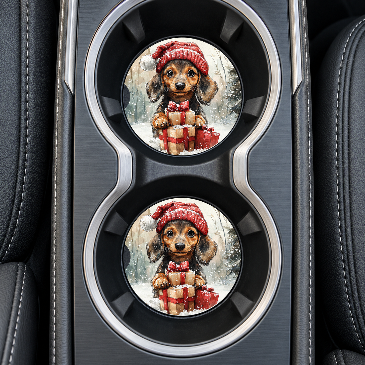 Christmas Dachshund Puppy coasters installed in car cup holders