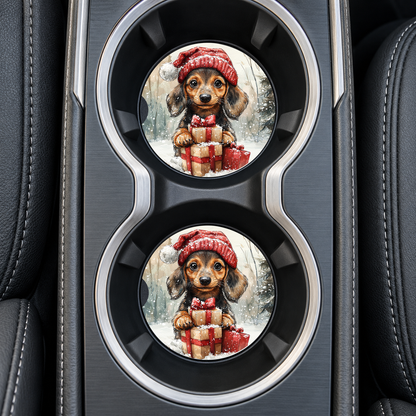 Christmas Dachshund Puppy coasters installed in car cup holders